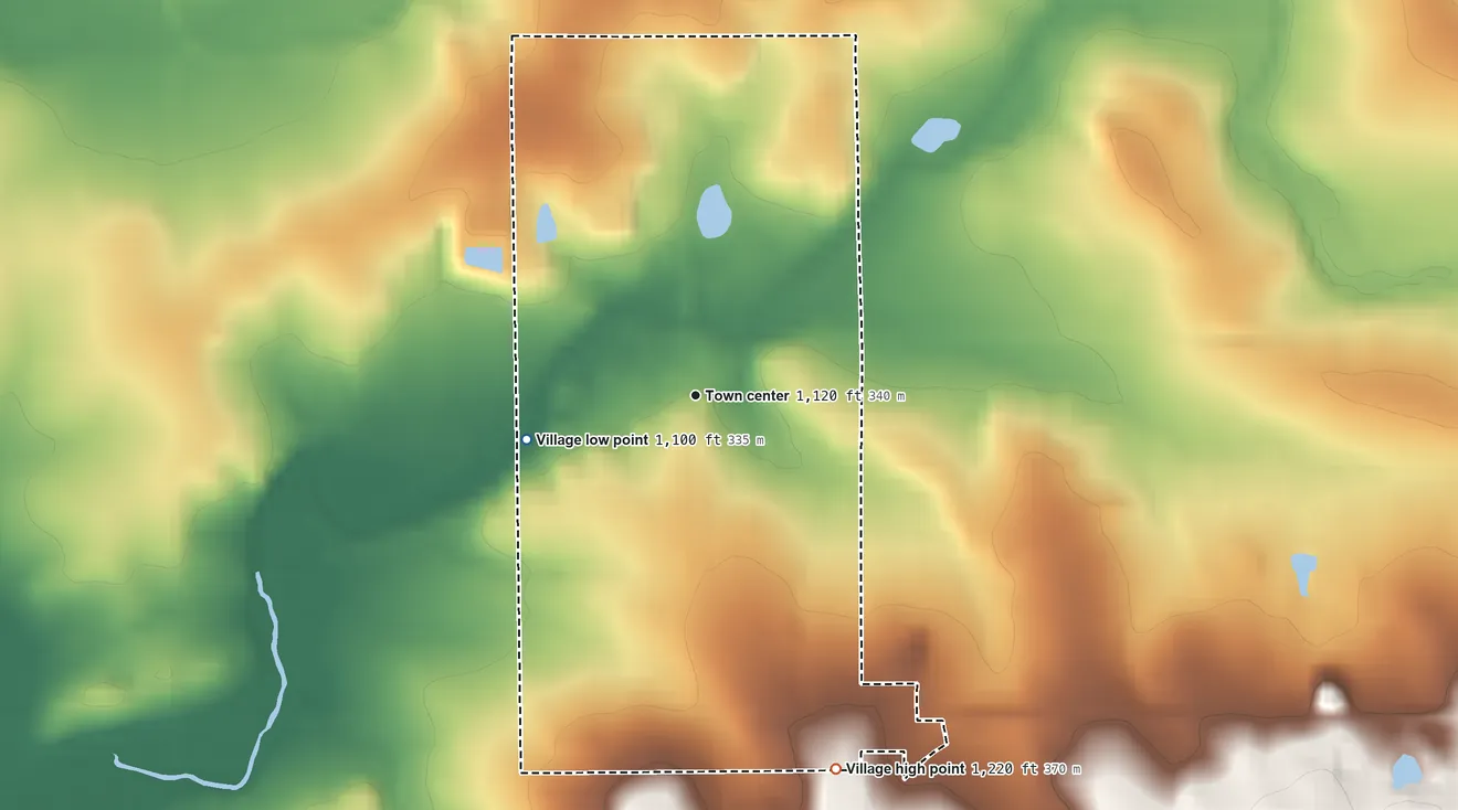 Topographic elevation map of Granton, Wisconsin, shaded from 1,100 ft on the west side to 1,220 ft on the south side