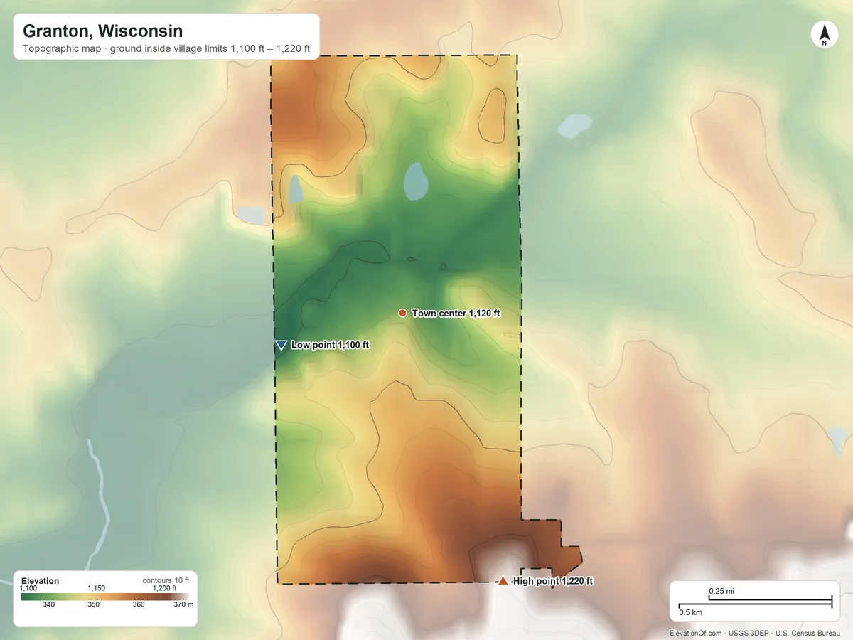 Topographic elevation map of Granton, Wisconsin, shaded from 1,100 ft on the west side to 1,220 ft on the south side