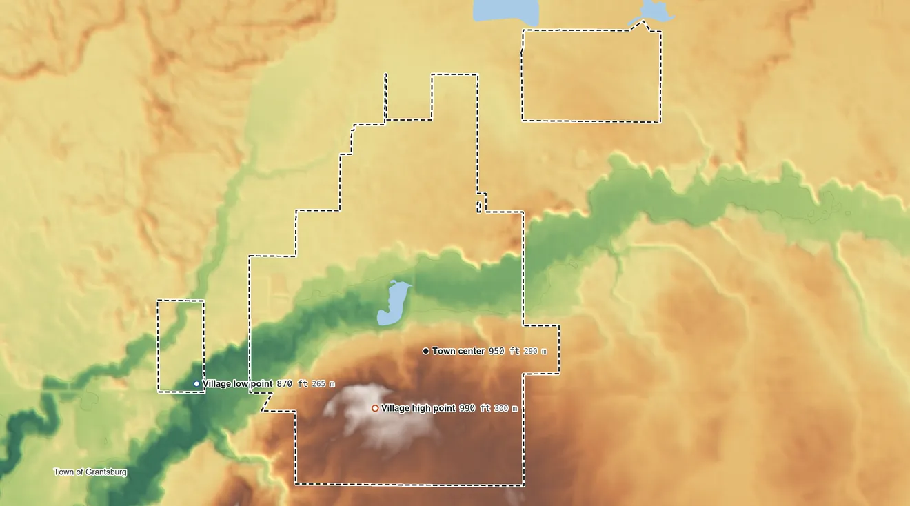 Topographic elevation map of Grantsburg, Wisconsin, shaded from 870 ft on the west side to 990 ft on the southwest side