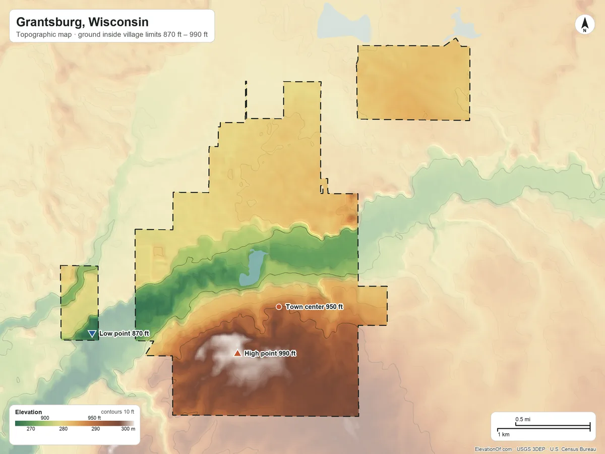 Topographic elevation map of Grantsburg, Wisconsin, shaded from 870 ft on the west side to 990 ft on the southwest side
