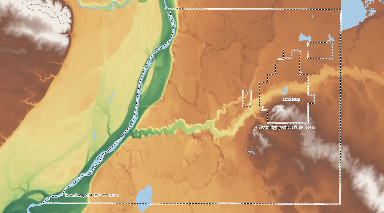 Topographic elevation map of Town of Grantsburg, Wisconsin, shaded from 790 ft on the southwest side to 990 ft near the middle