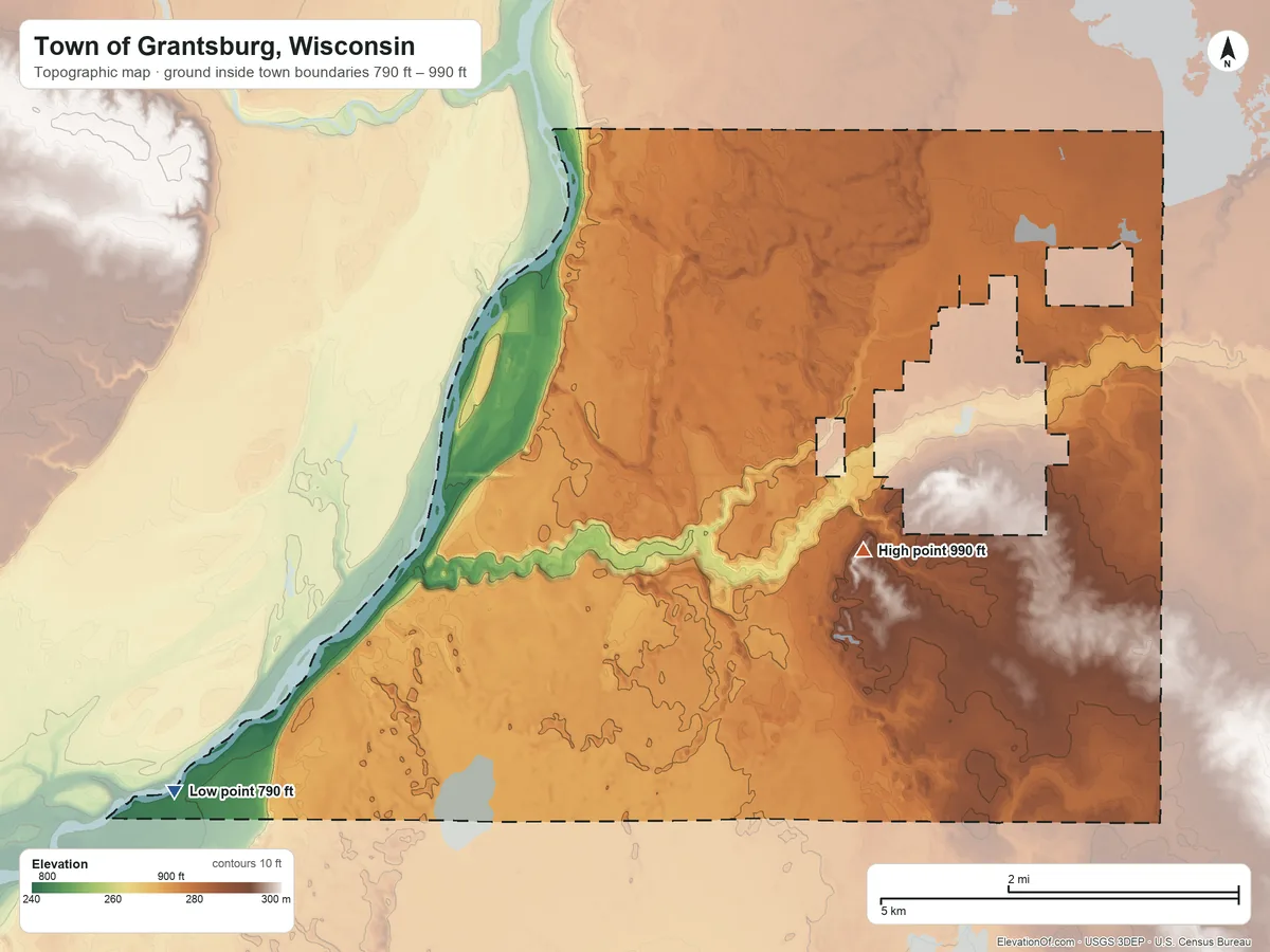 Topographic elevation map of Town of Grantsburg, Wisconsin, shaded from 790 ft on the southwest side to 990 ft near the middle