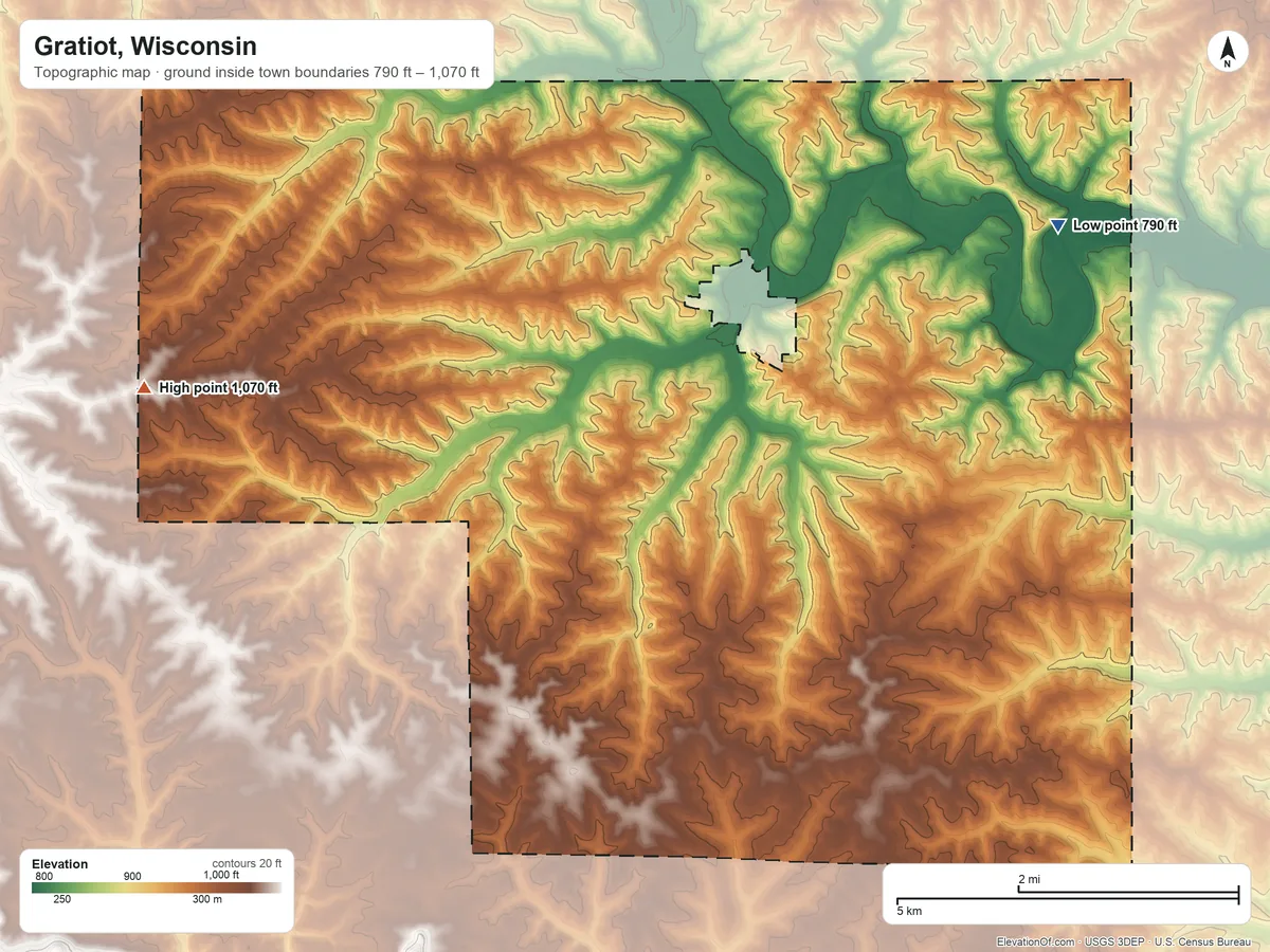 Topographic elevation map of Gratiot, Wisconsin, shaded from 790 ft on the northeast side to 1,070 ft on the west side