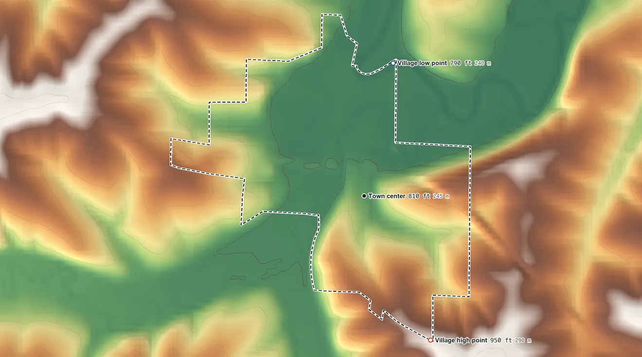 Topographic elevation map of Village of Gratiot, Wisconsin, shaded from 790 ft on the north side to 950 ft on the southeast side