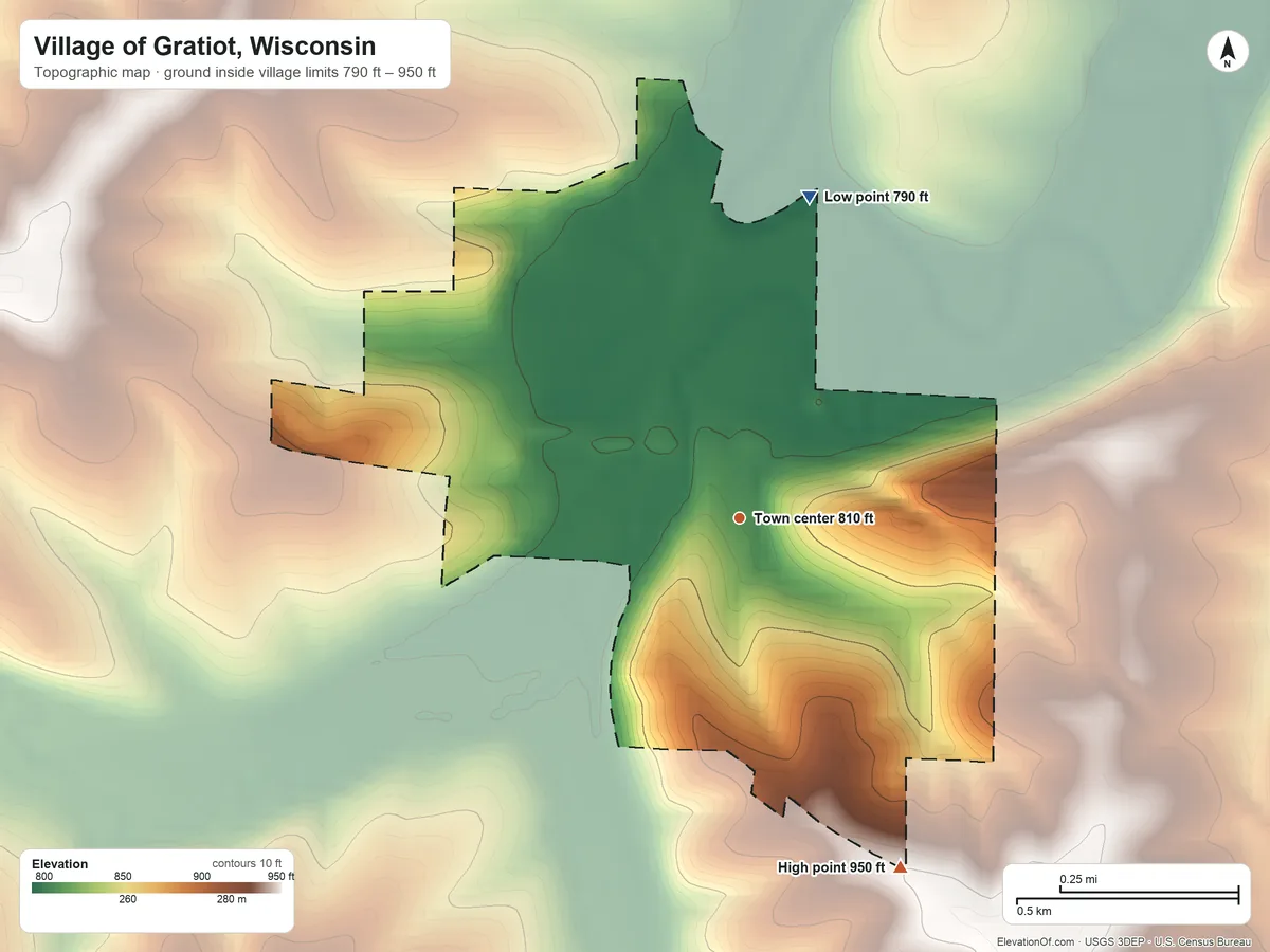 Topographic elevation map of Village of Gratiot, Wisconsin, shaded from 790 ft on the north side to 950 ft on the southeast side