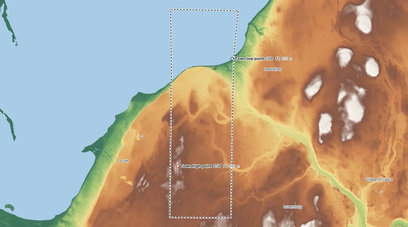 Topographic elevation map of Town of Green Bay, Wisconsin, shaded from 580 ft on the northeast side to 850 ft on the southwest side
