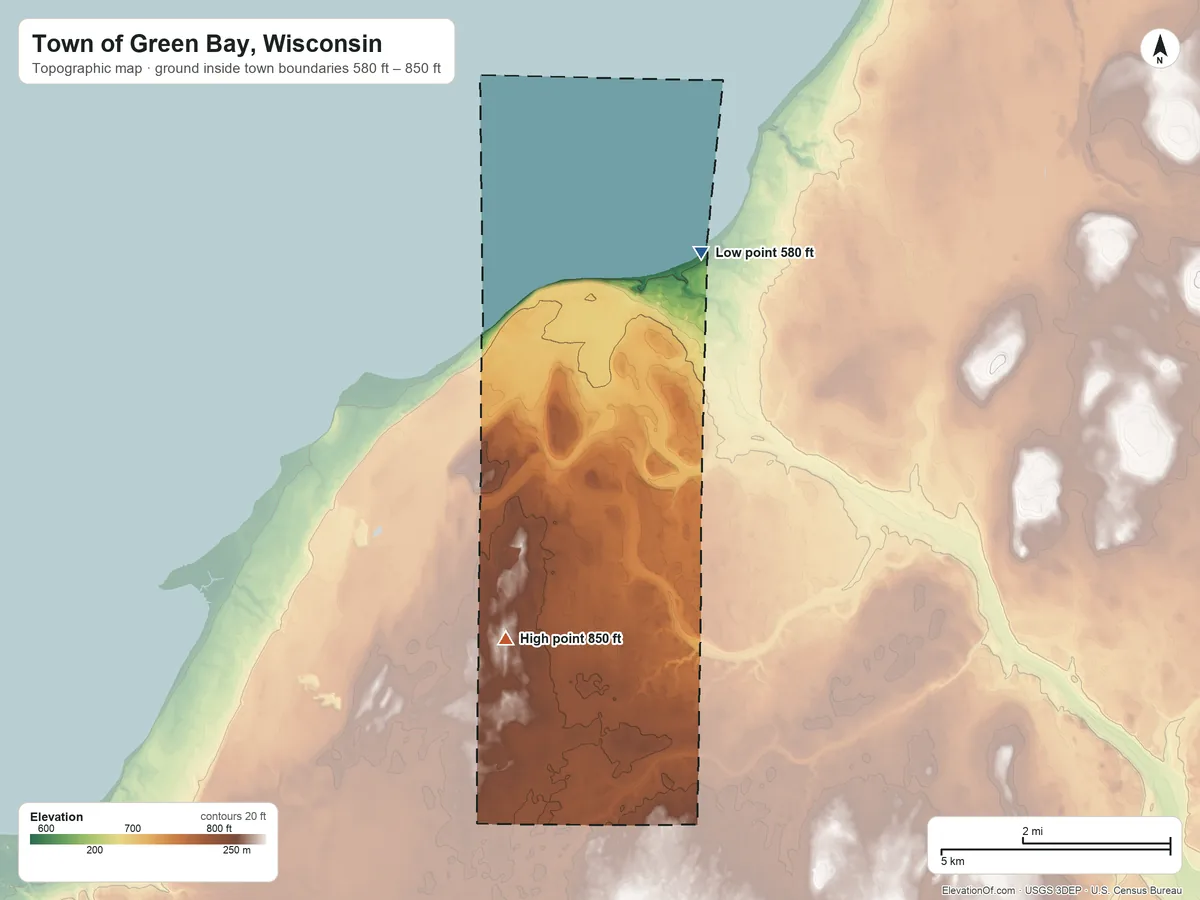 Topographic elevation map of Town of Green Bay, Wisconsin, shaded from 580 ft on the northeast side to 850 ft on the southwest side