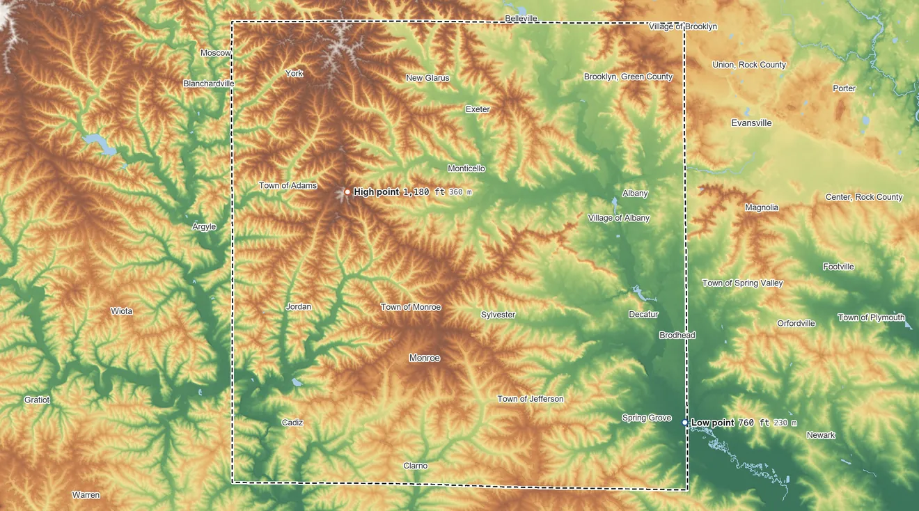 Topographic elevation map of Green County, Wisconsin, shaded from 760 ft on the southeast side to 1,180 ft on the northwest side