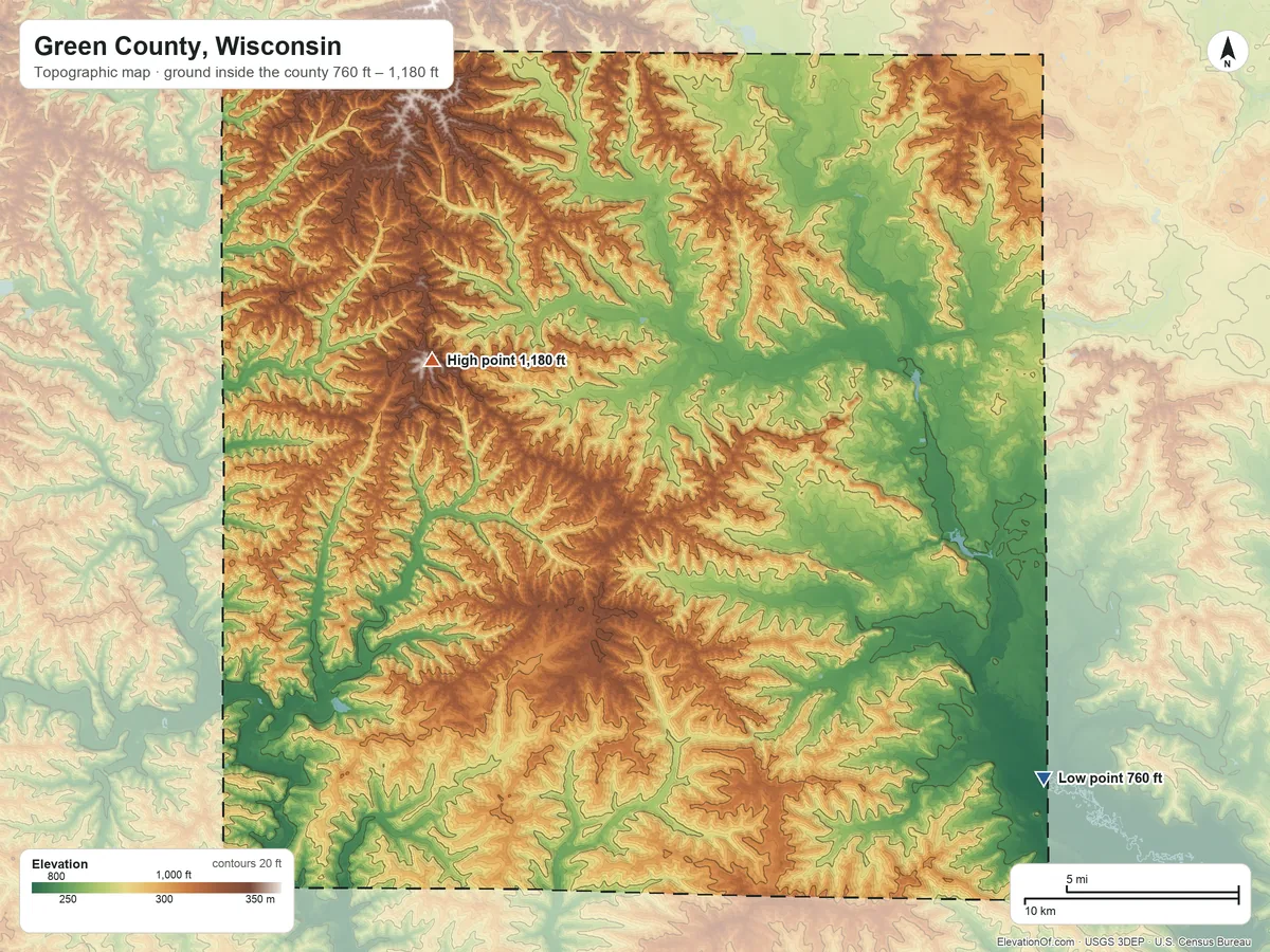 Topographic elevation map of Green County, Wisconsin, shaded from 760 ft on the southeast side to 1,180 ft on the northwest side