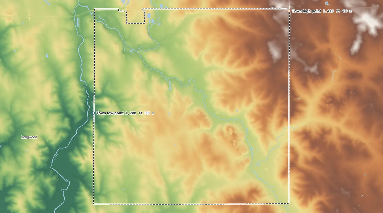 Topographic elevation map of Green Grove, Wisconsin, shaded from 1,200 ft on the west side to 1,410 ft on the northeast side