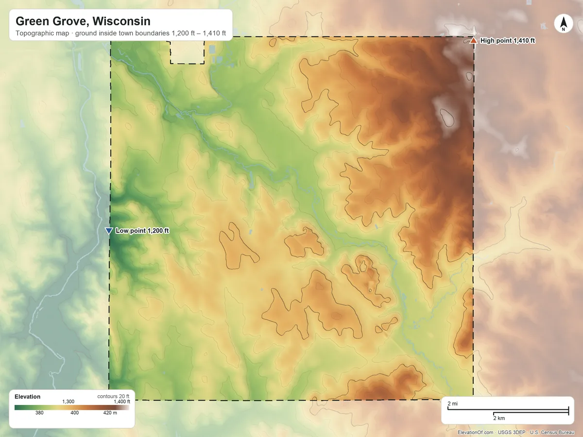 Topographic elevation map of Green Grove, Wisconsin, shaded from 1,200 ft on the west side to 1,410 ft on the northeast side