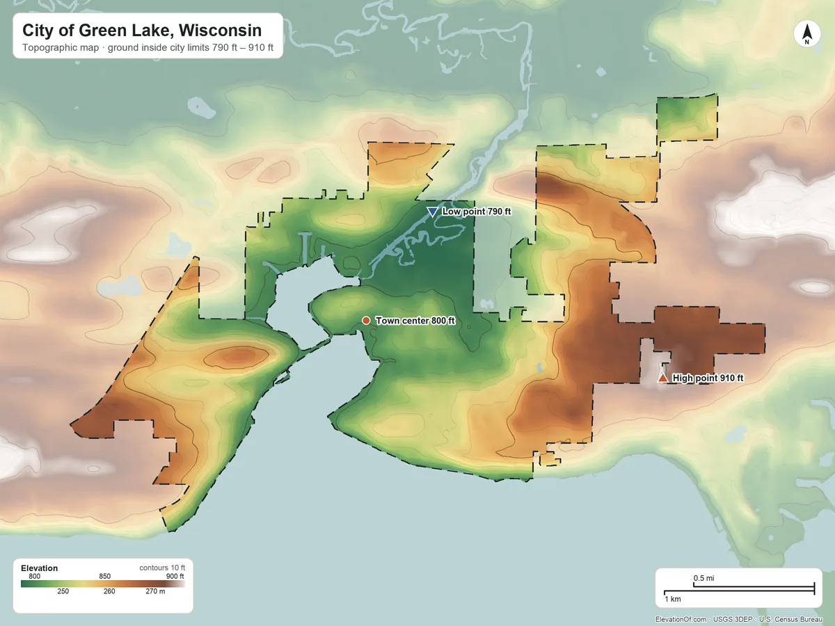 Topographic elevation map of City of Green Lake, Wisconsin, shaded from 790 ft on the northeast side to 910 ft on the east side