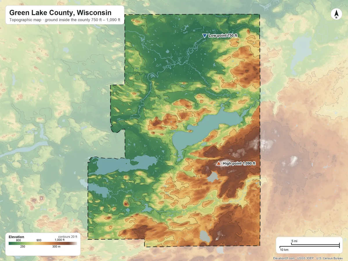Topographic elevation map of Green Lake County, Wisconsin, shaded from 750 ft on the north side to 1,090 ft on the southeast side