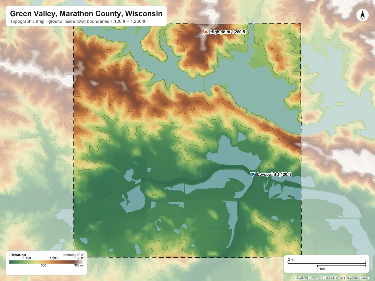 Topographic elevation map of Green Valley, Marathon County, Wisconsin, shaded from 1,120 ft on the southeast side to 1,260 ft on the north side