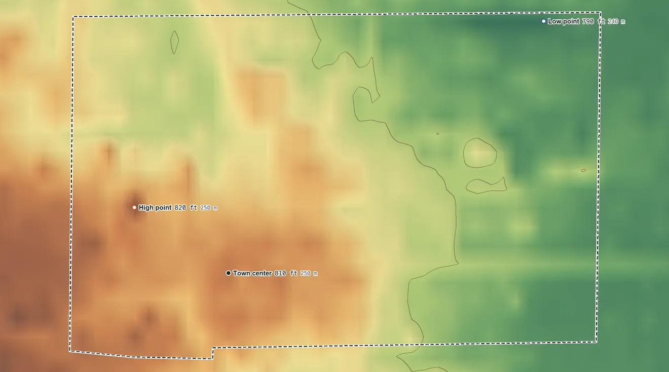 Topographic elevation map of Green Valley, Shawano County, Wisconsin, shaded from 790 ft on the northeast side to 820 ft on the northwest side