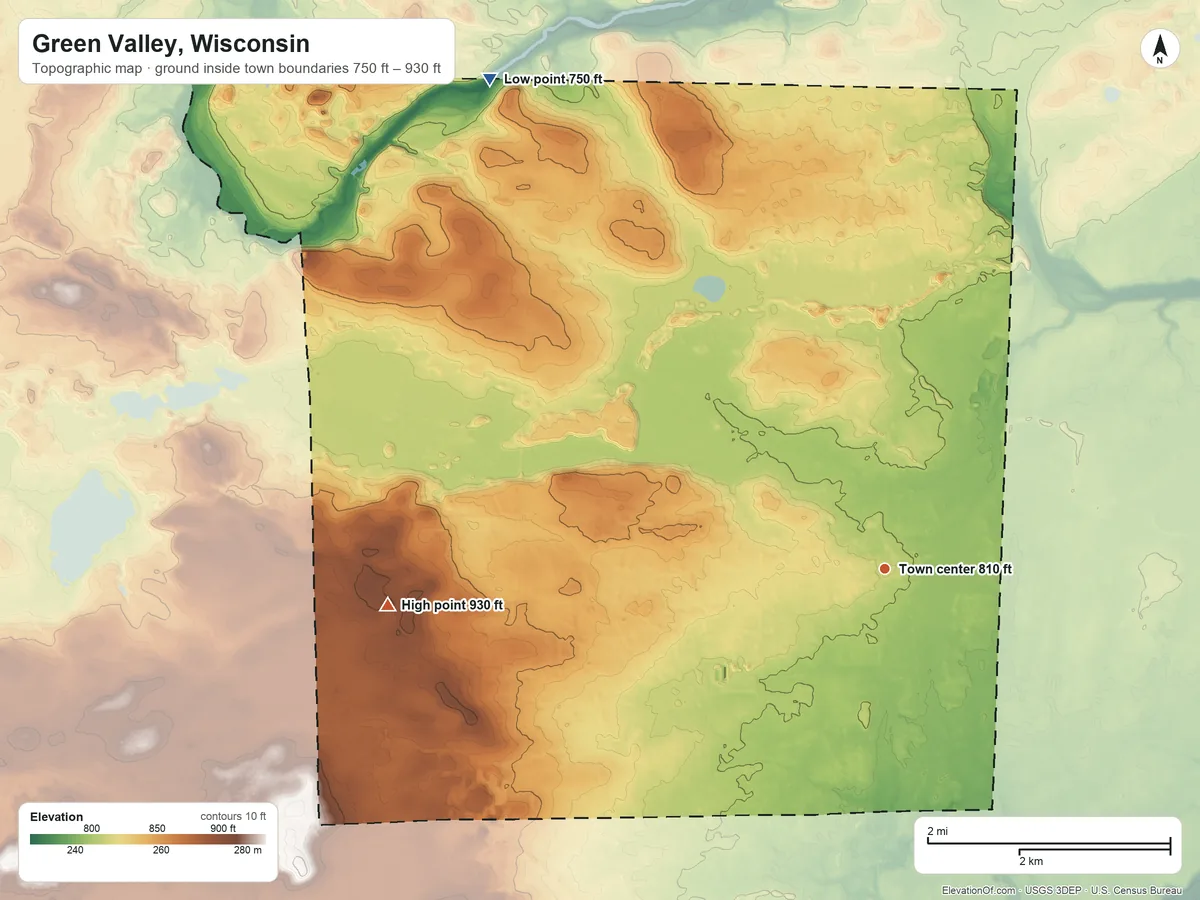 Topographic elevation map of Green Valley, Wisconsin, shaded from 750 ft on the northwest side to 930 ft on the west side
