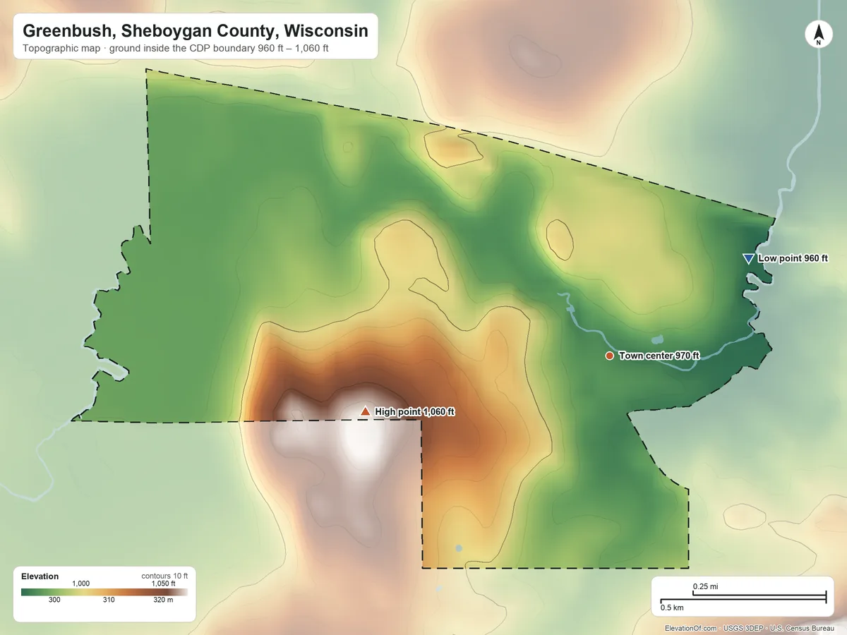 Topographic elevation map of Greenbush, Sheboygan County, Wisconsin, shaded from 960 ft on the northeast side to 1,060 ft on the west side