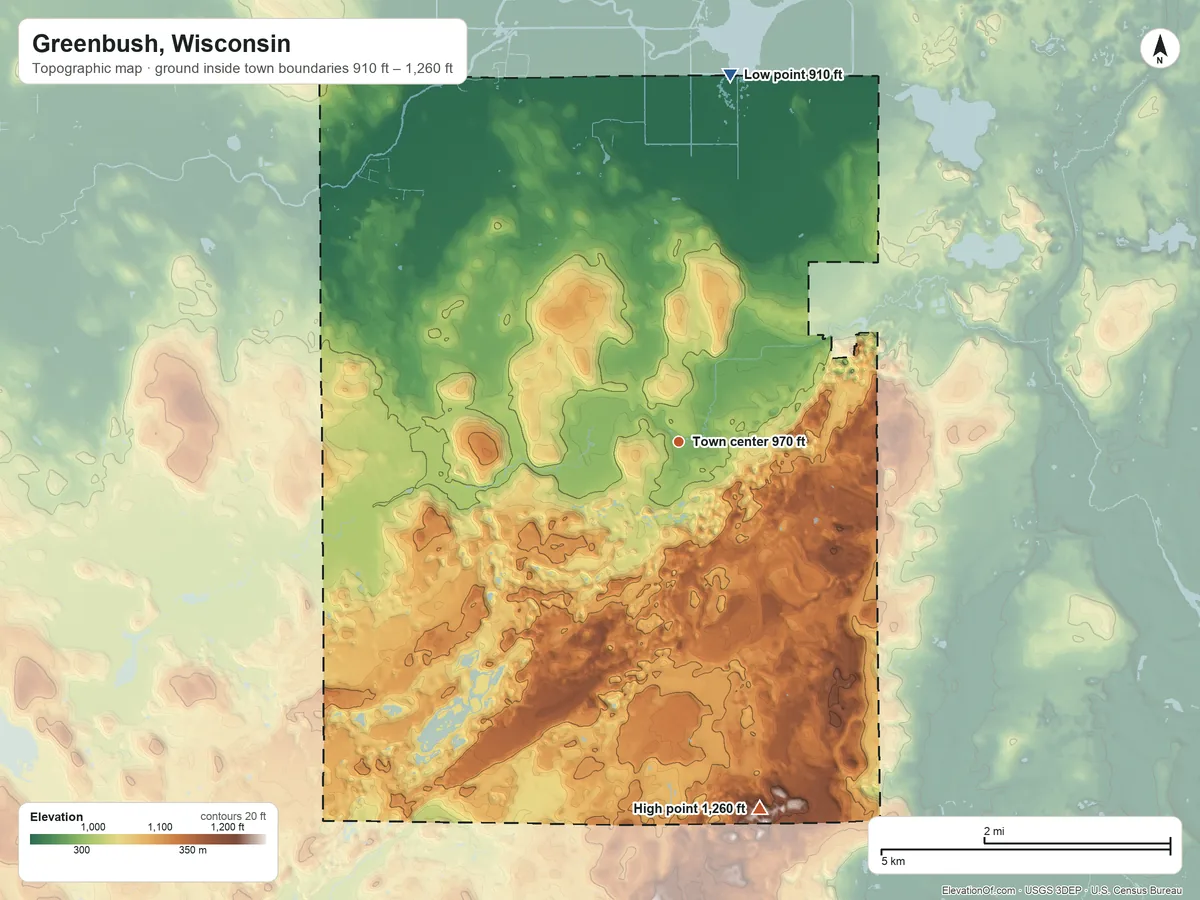 Topographic elevation map of Greenbush, Wisconsin, shaded from 910 ft on the north side to 1,260 ft on the south side