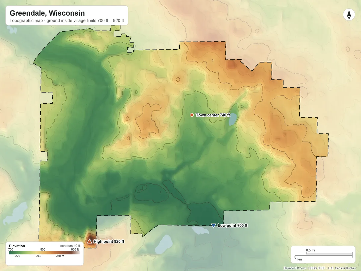 Topographic elevation map of Greendale, Wisconsin, shaded from 700 ft on the south side to 920 ft on the southwest side