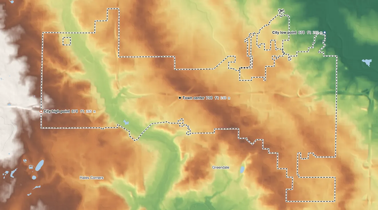 Topographic elevation map of Greenfield, Wisconsin, shaded from 670 ft on the northeast side to 870 ft on the west side