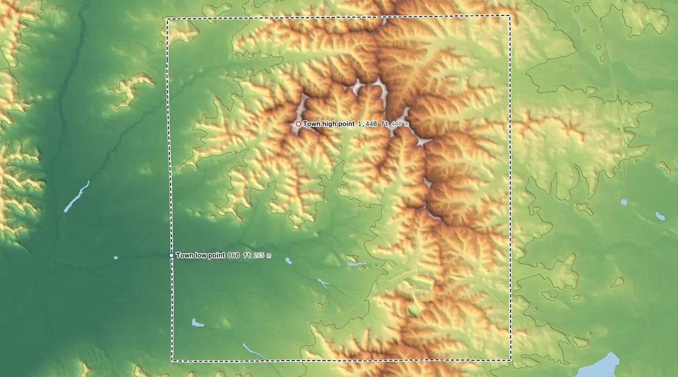 Topographic elevation map of Town of Greenfield, Wisconsin, shaded from 860 ft on the west side to 1,440 ft on the northwest side