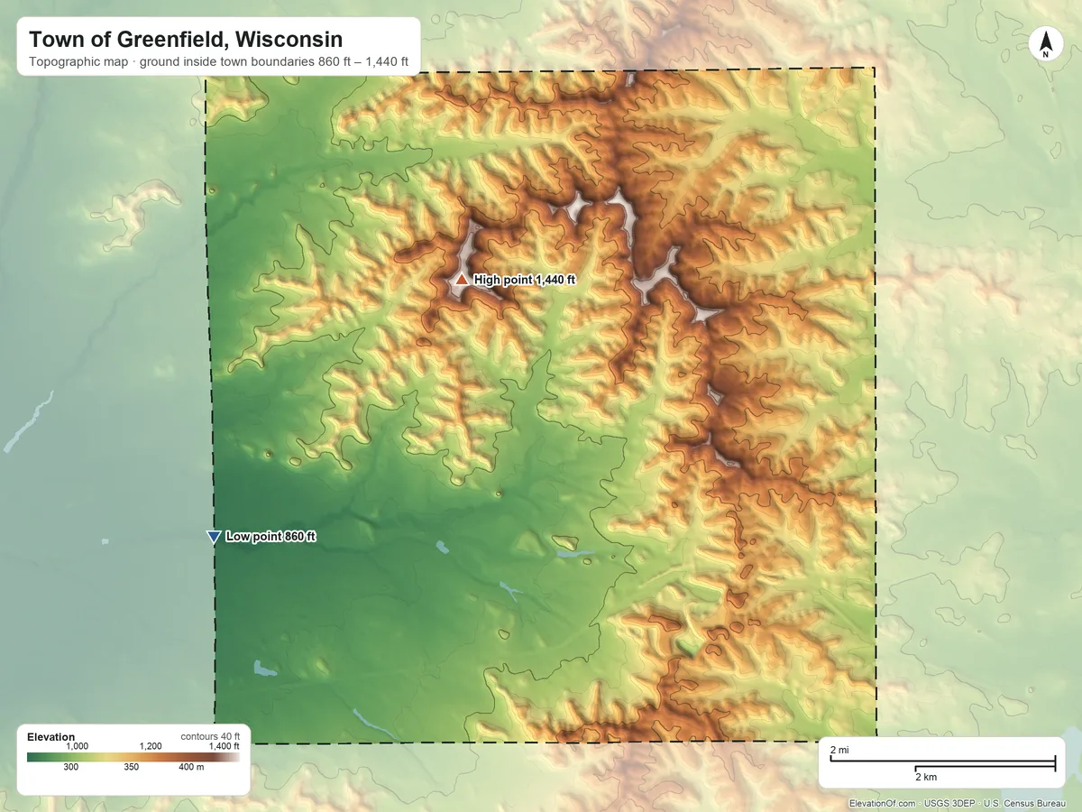 Topographic elevation map of Town of Greenfield, Wisconsin, shaded from 860 ft on the west side to 1,440 ft on the northwest side