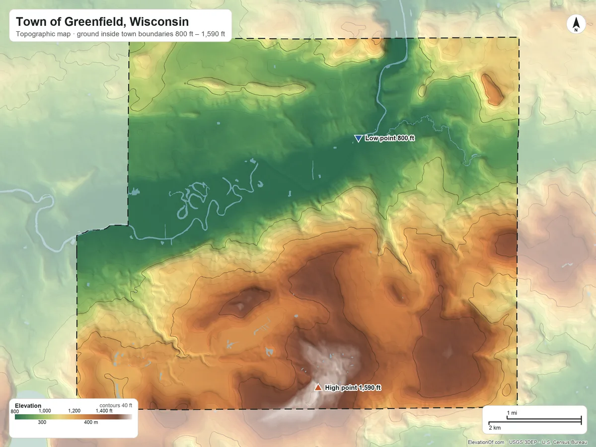 Topographic elevation map of Town of Greenfield, Wisconsin, shaded from 800 ft on the north side to 1,590 ft on Sauk Point