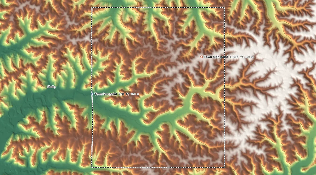Topographic elevation map of Town of Greenfield, Wisconsin, shaded from 720 ft on the west side to 1,310 ft on the northeast side