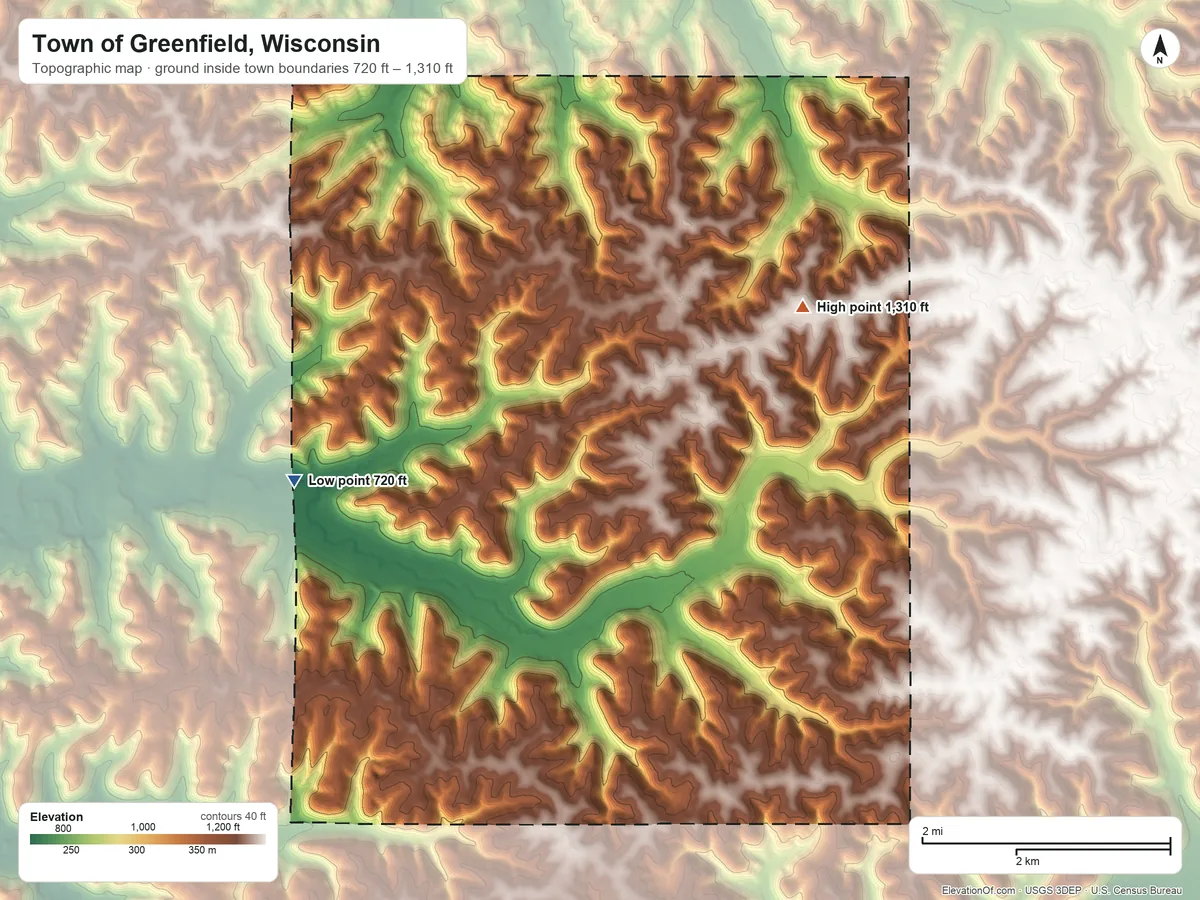Topographic elevation map of Town of Greenfield, Wisconsin, shaded from 720 ft on the west side to 1,310 ft on the northeast side