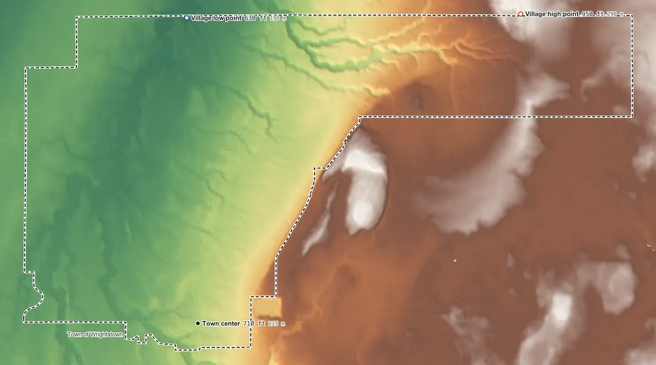 Topographic elevation map of Greenleaf, Wisconsin, shaded from 630 ft on the north side to 950 ft on the northeast side