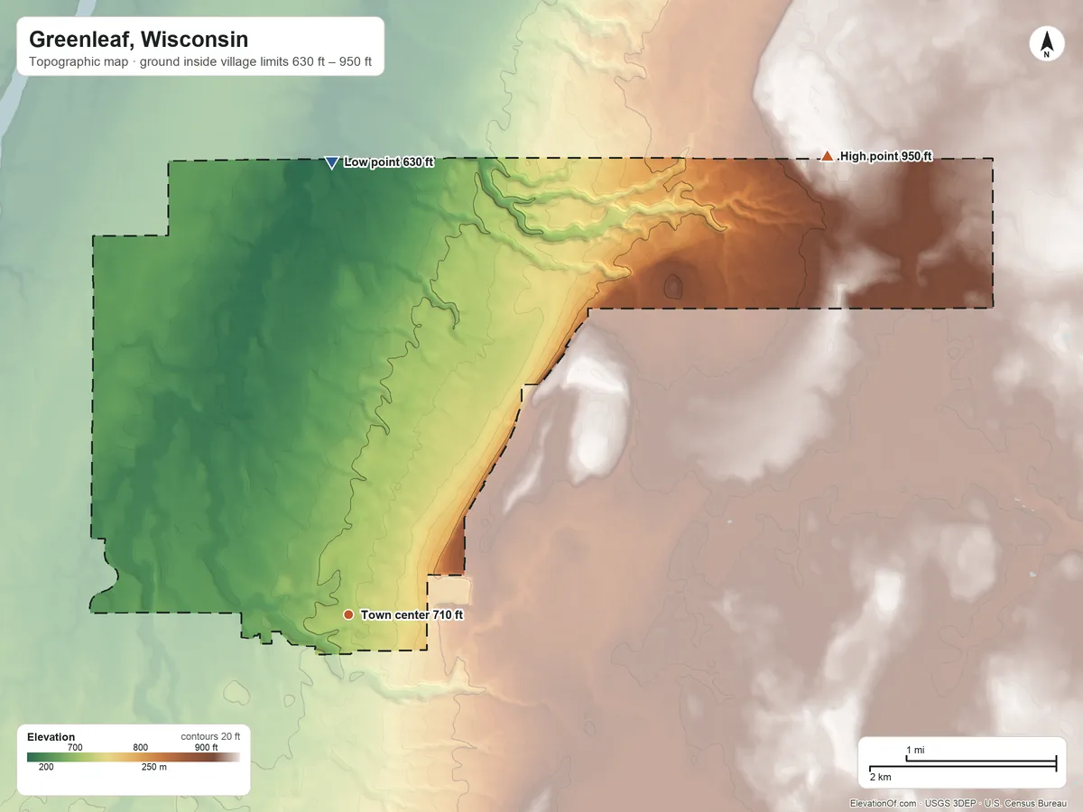 Topographic elevation map of Greenleaf, Wisconsin, shaded from 630 ft on the north side to 950 ft on the northeast side