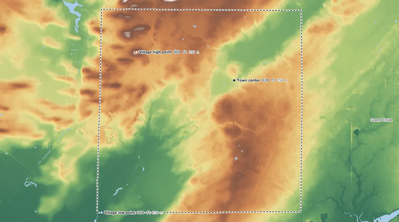Topographic elevation map of Greenville, Wisconsin, shaded from 760 ft on the southwest side to 960 ft on the west side