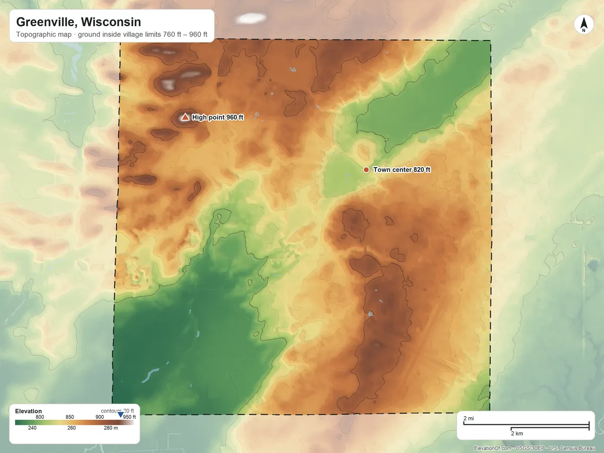 Topographic elevation map of Greenville, Wisconsin, shaded from 760 ft on the southwest side to 960 ft on the west side