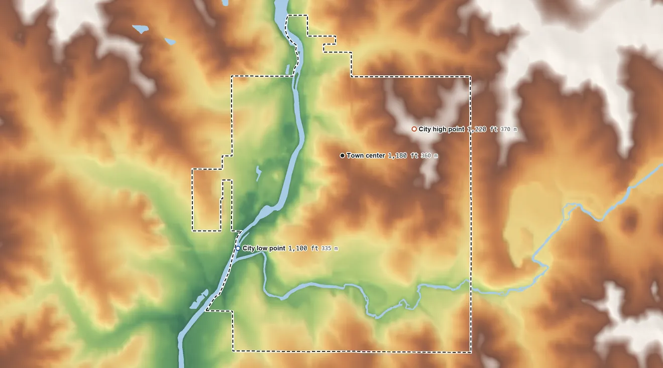Topographic elevation map of Greenwood, Wisconsin, shaded from 1,100 ft on the southwest side to 1,220 ft on the east side