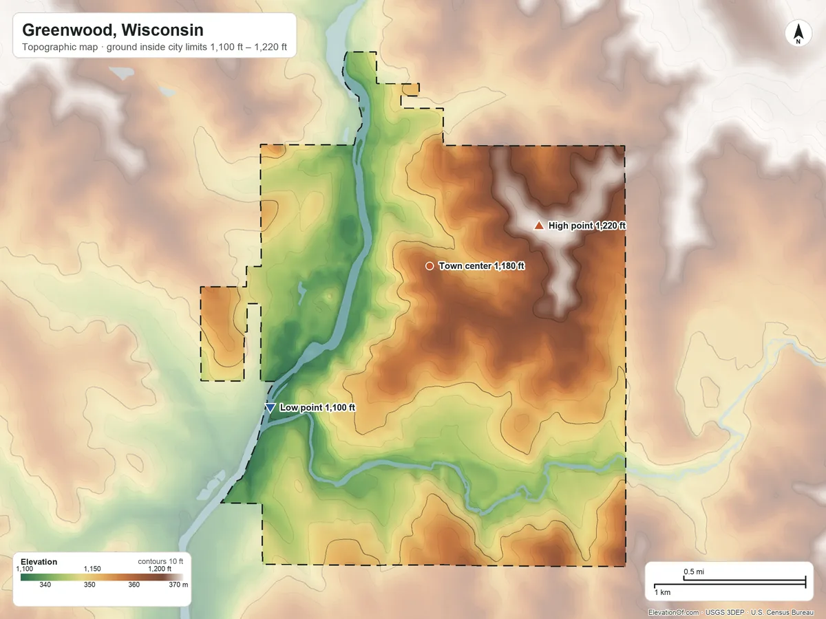 Topographic elevation map of Greenwood, Wisconsin, shaded from 1,100 ft on the southwest side to 1,220 ft on the east side
