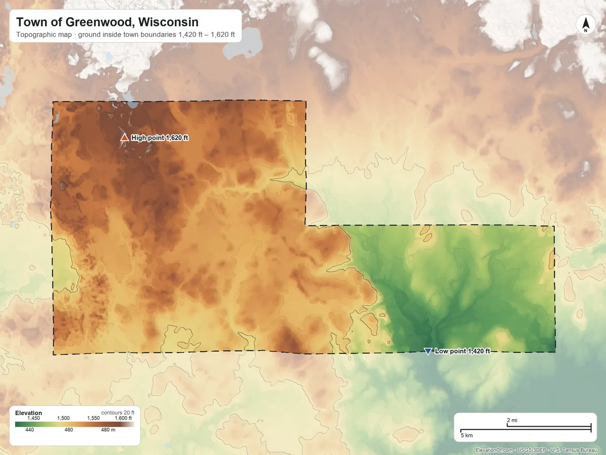 Topographic elevation map of Town of Greenwood, Wisconsin, shaded from 1,420 ft on the southeast side to 1,620 ft on the northwest side