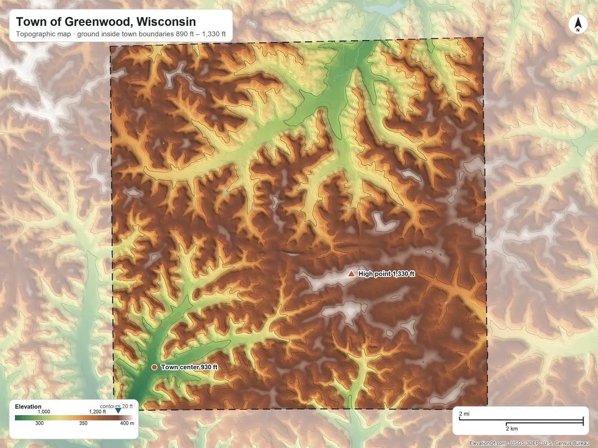 Topographic elevation map of Town of Greenwood, Wisconsin, shaded from 890 ft on the southwest side to 1,330 ft on the northeast side