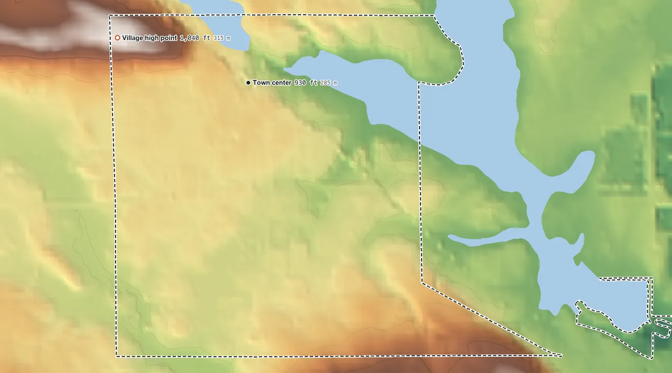 Topographic elevation map of Gresham, Wisconsin, shaded from 870 ft on the southeast side to 1,040 ft on the west side