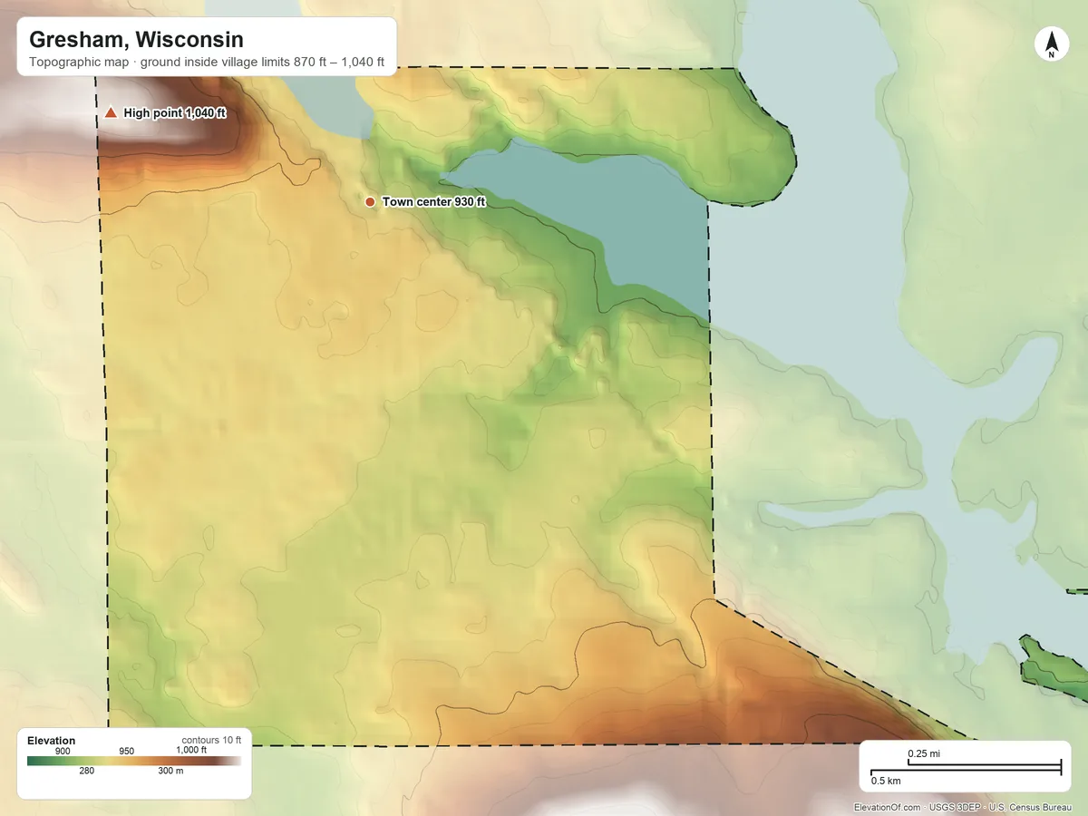 Topographic elevation map of Gresham, Wisconsin, shaded from 870 ft on the southeast side to 1,040 ft on the west side