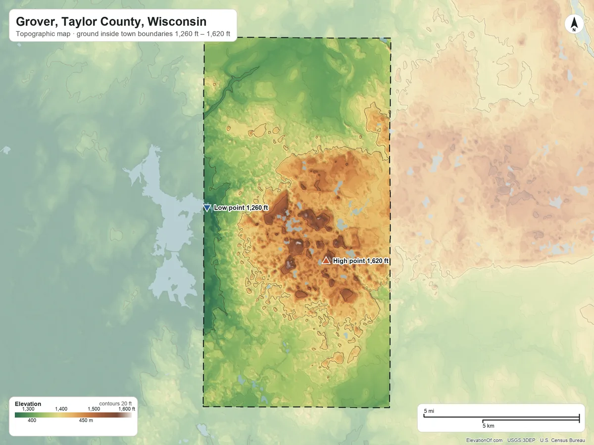 Topographic elevation map of Grover, Taylor County, Wisconsin, shaded from 1,260 ft on the northwest side to 1,620 ft on the east side
