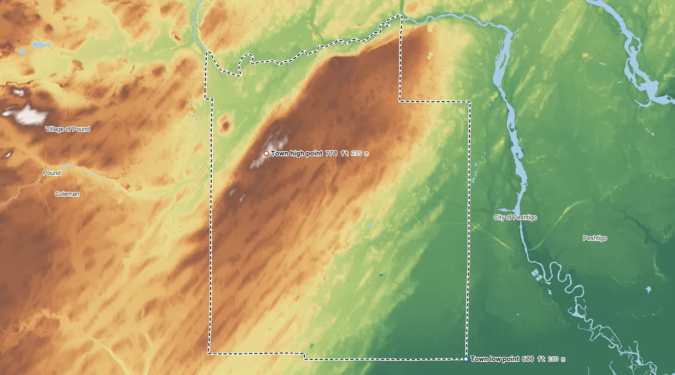 Topographic elevation map of Grover, Wisconsin, shaded from 600 ft on the southeast side to 770 ft on the northwest side