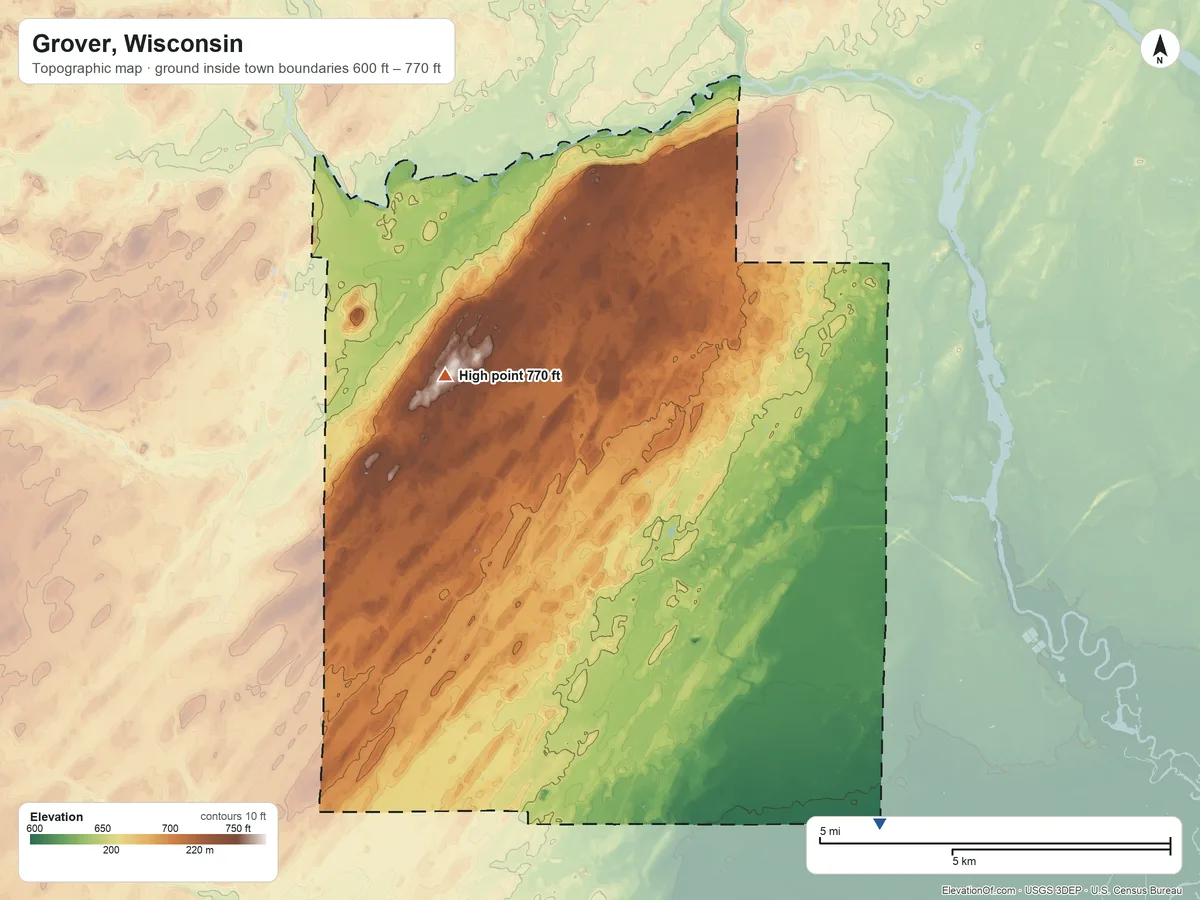 Topographic elevation map of Grover, Wisconsin, shaded from 600 ft on the southeast side to 770 ft on the northwest side