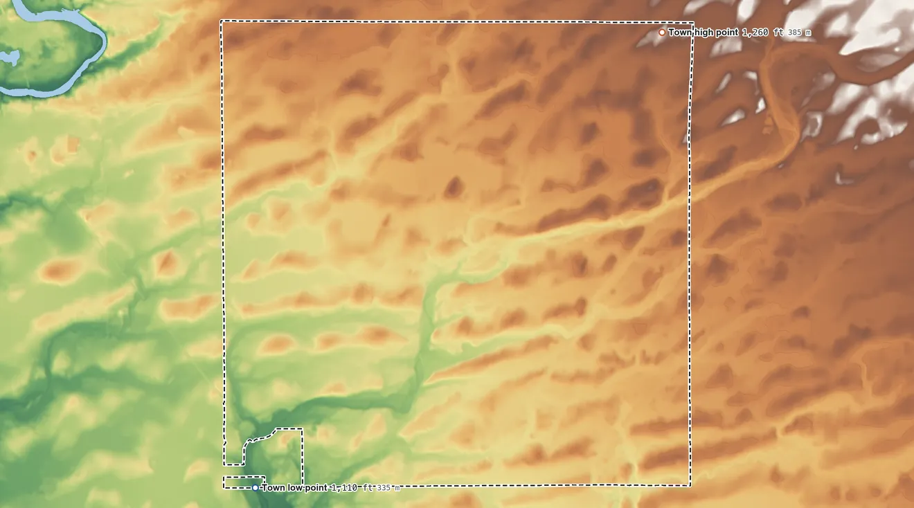 Topographic elevation map of Grow, Wisconsin, shaded from 1,110 ft on the southwest side to 1,260 ft on the northeast side