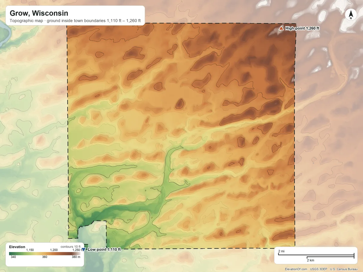 Topographic elevation map of Grow, Wisconsin, shaded from 1,110 ft on the southwest side to 1,260 ft on the northeast side