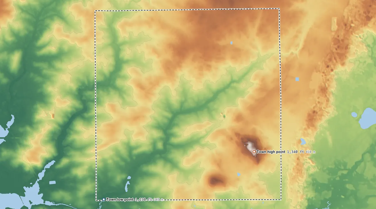 Topographic elevation map of Guenther, Wisconsin, shaded from 1,130 ft on the southwest side to 1,340 ft on Blackberry Hill