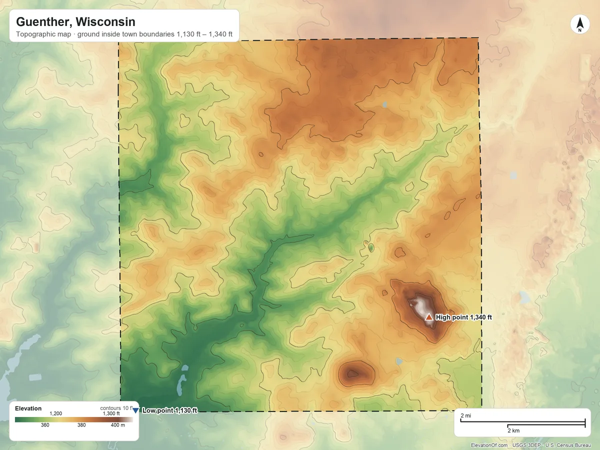 Topographic elevation map of Guenther, Wisconsin, shaded from 1,130 ft on the southwest side to 1,340 ft on Blackberry Hill
