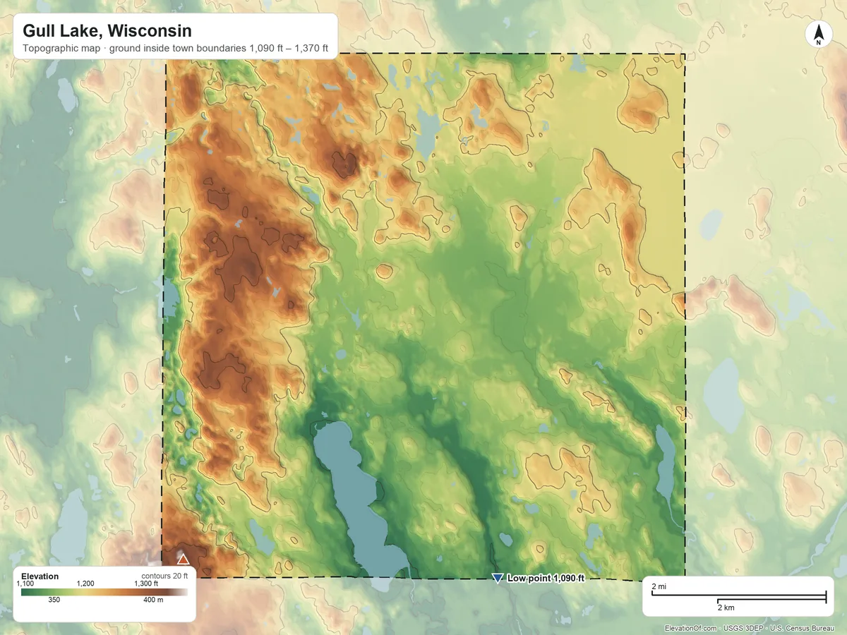 Topographic elevation map of Gull Lake, Wisconsin, shaded from 1,090 ft on the southeast side to 1,370 ft on the southwest side