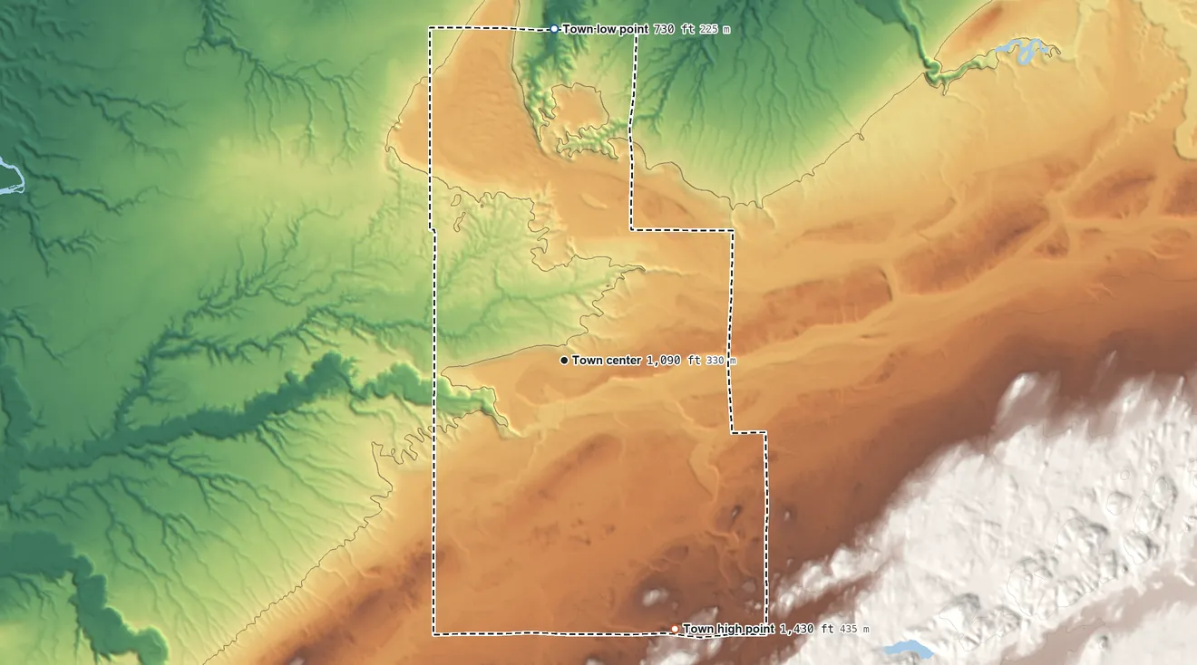 Topographic elevation map of Gurney, Wisconsin, shaded from 730 ft on the north side to 1,430 ft on the south side