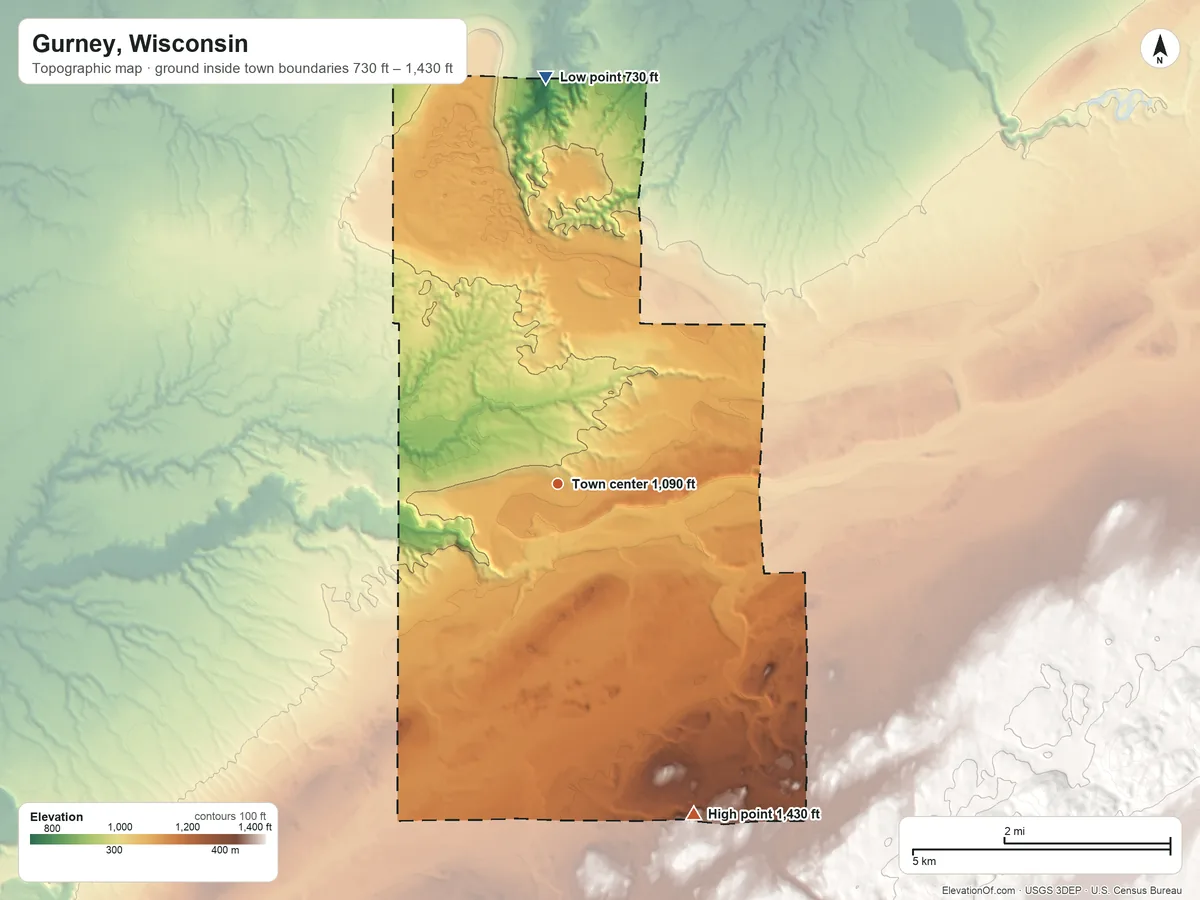 Topographic elevation map of Gurney, Wisconsin, shaded from 730 ft on the north side to 1,430 ft on the south side