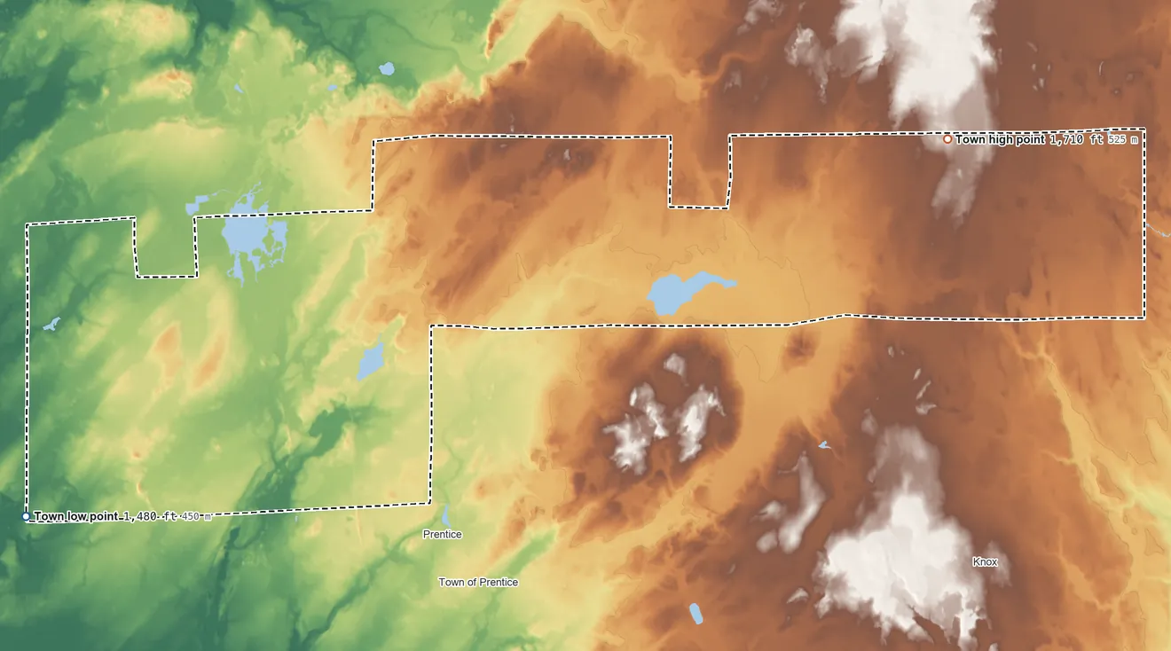 Topographic elevation map of Hackett, Wisconsin, shaded from 1,480 ft on the southwest side to 1,710 ft on the east side